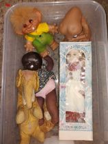 2 CARTON WITH ETHNIC DOLL, VINTAGE CHAD VALLEY ELEPHANT, PORCELAIN DOLL,