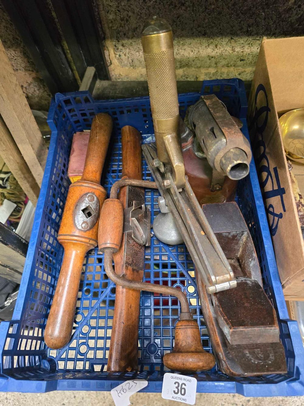 SMALL CARTON OF VINTAGE HAND TOOLS, BLOW LAMP, BLOCK PLANE,