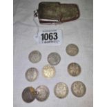 SMALL METAL CLASP PURSE WITH 10 SILVER THREEPENNY PIECES