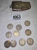 SMALL METAL CLASP PURSE WITH 10 SILVER THREEPENNY PIECES