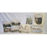 FOLIO OF WATERCOLOURS DATING BETWEEN 1910-1920, MANY WITH INSCRIPTIONS SOME SIGNED WITH INITIALS,