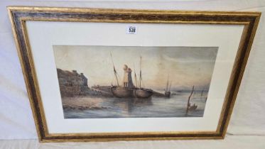 WATERCOLOUR. COASTAL VIEW WITH BEACHED SAILING VESSELS SIGNED BIRCHALL.