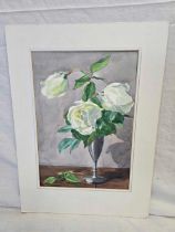 WATERCOLOUR STILL LIFE OF WHITE ROSES IN A SILVER GOBLET,