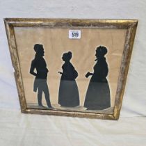 VICTORIAN GROUP SILHOUETTE OF TWO LADIES AND A GENTLEMAN.