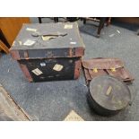 VINTAGE TRAVEL TRUNK IN A/F CONDITION, ROUND METAL HAT BOX & A LEATHER BRIEFCASE,