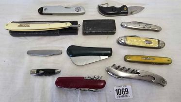 TUB OF MISC POCKET KNIVES & A CUT THROAT RAZOR