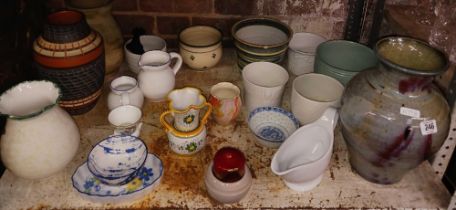 SHELF WITH MISC VASES, BOWLS & JUGS,