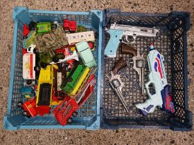 CARTON OF PLAY WORN TOYS & 4 TOY PISTOLS