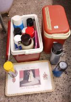 2 PICNIC COOLERS WITH VARIOUS THERMOS FLASKS & A ROYAL WEDDING TRAY OF THE PRINCE & PRINCES OF