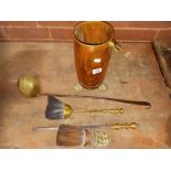 COMPANION SET IN A COPPER POT & A BRASS & WROUGHT IRON LADLE