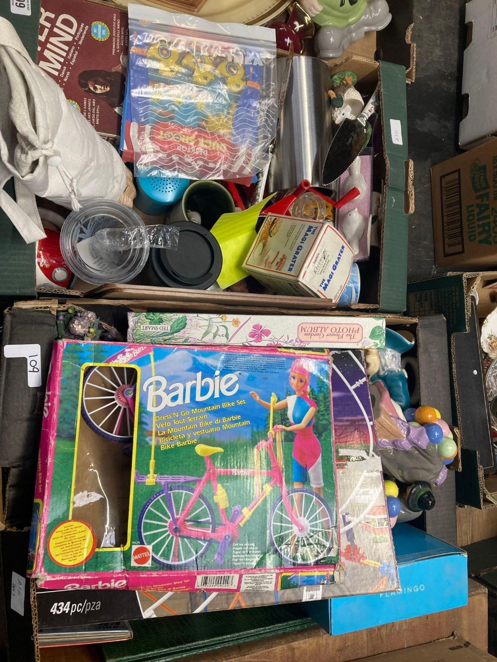 2 CARTONS WITH MISC BRIC-A-BRAC INCL; BALLOON LADY, CHARACTER JUGS, BARBIE MOUNTAIN BIKE SET, GAMES,
