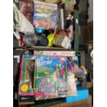 2 CARTONS WITH MISC BRIC-A-BRAC INCL; BALLOON LADY, CHARACTER JUGS, BARBIE MOUNTAIN BIKE SET, GAMES,