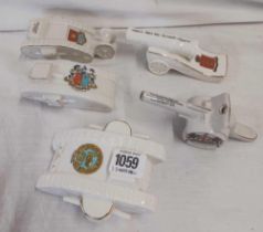 THREE CRESTED CHINA TANKS & 2 CANNONS (5)