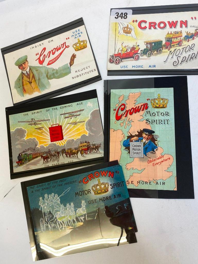 5 EARLY 20TH CENTURY 'CROWN MOTOR SPIRIT' ADVERTISING CARDS UNUSED