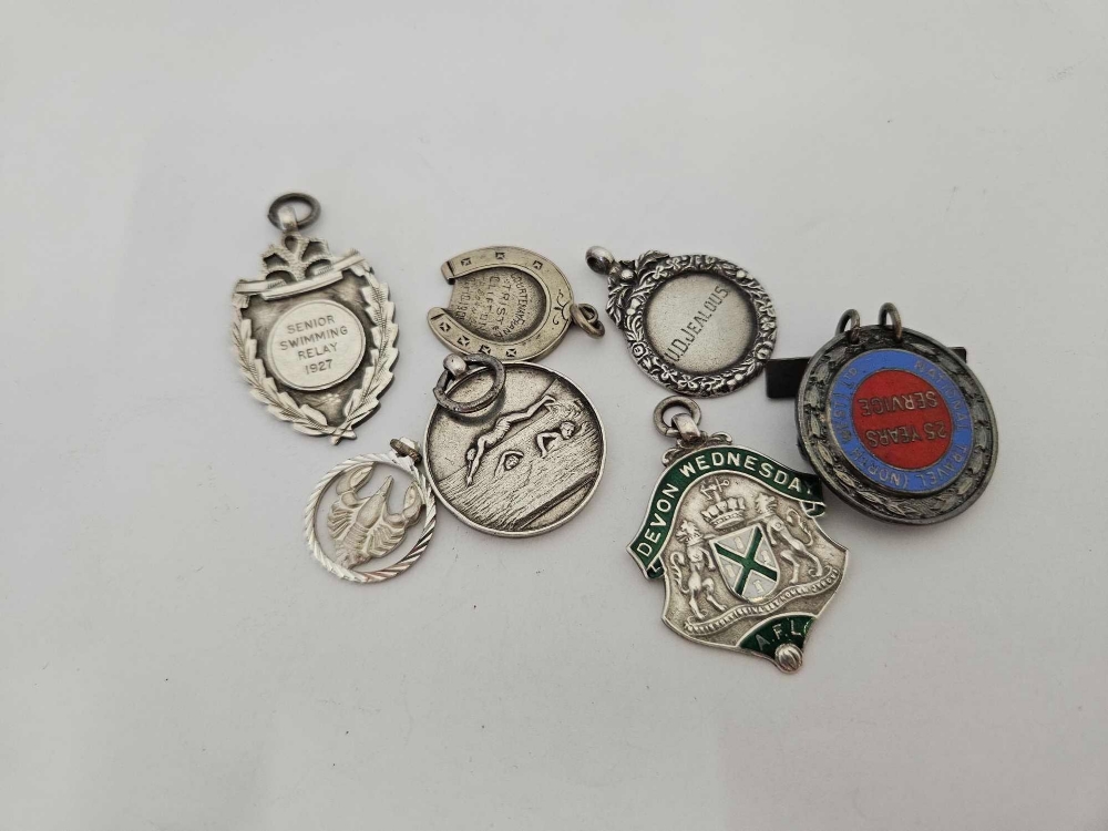 6 SILVER FOB STYLE PENDANTS & BROOCHES