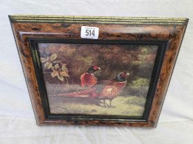 TWO PHEASANTS IN A LANDSCAPE ON BOARD, WITH OLD LABEL TO REVERSE GEO.