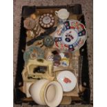 CARTON OF MISC BRIC-A-BRAC INCL; PIN BADGES, TINS,