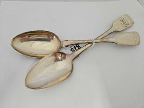 2 EXETER SILVER FIDDLE PATTERN TABLE SPOONS, 1832 & 1835 BY WW,