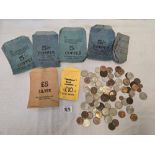 TUB OF MISC BRITISH COINAGE & VINTAGE MONEY BAGS