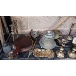 SHELF OF MISC BRASS, PLATED ITEMS INCL; CANDLESTICKS, CANDLE SNUFFER & TRAY,