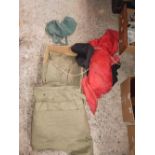 CARTON WITH 2 US ARMY FLY SHEETS OR SMALL WALL TENTS, BLACK TROUSERS,