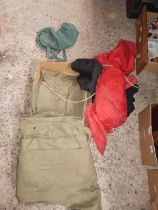 CARTON WITH 2 US ARMY FLY SHEETS OR SMALL WALL TENTS, BLACK TROUSERS,