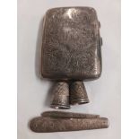 SMALL QTY OF SILVER, 2 THIMBLES, SILVER BLADED POCKET KNIFE & A CIGARETTE CASE,