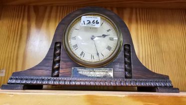 SMALL OAK DOMED MANTEL PIECE CLOCK WITH PRESENTATION PLATE