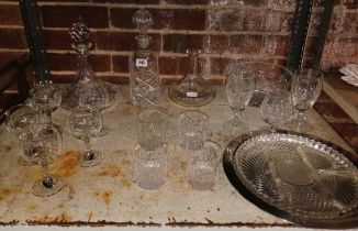 SHELF WITH MISC GLASSWARE INCL; SHIPS DECANTER, NIBBLES TRAY,