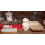 SHELF WITH MISC GLASS & CHINAWARE INCL; A MCDOUGALLS FLOUR JAR, A DOMESTIC FIRE BLANKET,