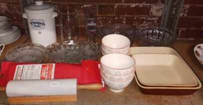 SHELF WITH MISC GLASS & CHINAWARE INCL; A MCDOUGALLS FLOUR JAR, A DOMESTIC FIRE BLANKET,