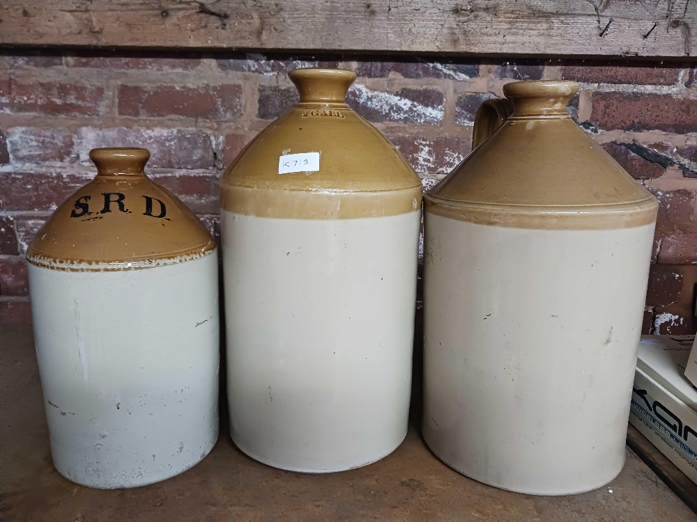 2 STONEWARE GLAZED CIDER JARS WITH HANDLES & 1 OTHER MARKED SRD