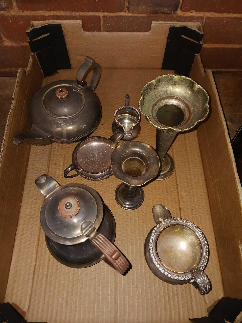 CARTON WITH MISC PLATED WARE INCL; VASES, TEA POT,