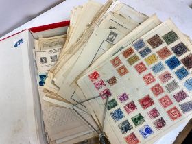RED FILE BOX OF OLD STAMPS ON ALBUM SHEETS, ALL USED,