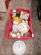 CARTON WITH MISC CHINA INCL; A CHICKEN EGG CROCK, CAKE STAND,