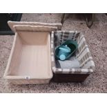 2 WICKER BASKETS WITH LININGS CONTAINING METAL GARDEN WATERING CANS ETC