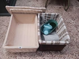 2 WICKER BASKETS WITH LININGS CONTAINING METAL GARDEN WATERING CANS ETC