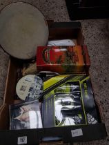 CARTON WITH 2 TAMBOURINES, MISC CD'S, EMPTY BOXES,