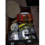 CARTON WITH 2 TAMBOURINES, MISC CD'S, EMPTY BOXES,