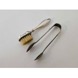 A PAIR OF SUGAR TONGS & A SMALL MOUNTED BRUSH 1901