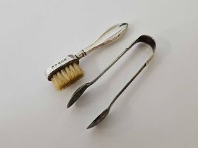 A PAIR OF SUGAR TONGS & A SMALL MOUNTED BRUSH 1901