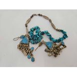 FANCY TURQUOISE MATRIX NECKLACE & A PAIR OF MATCHING EAR PENDANTS