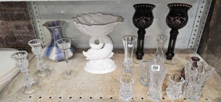 SHELF WITH MISC CANDLESTICK HOLDERS, SMALL VASES,