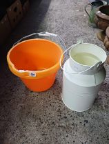 2 PLASTIC BUCKETS & A DECORATIVE MILK CHURN