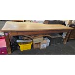 LARGE ANTIQUE FARM HOUSE TABLE WITH MIXED WOOD,
