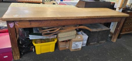 LARGE ANTIQUE FARM HOUSE TABLE WITH MIXED WOOD,