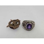 STERLING SILVER UNITED STATES ARMY RING SET WITH AMETHYST STONE,