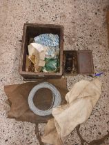 WOODEN CARTON WITH MISC BRASS SCREWS, BRAIDED WIRE, PLASTIC CARTON WITH A WORKMAN'S APRON,
