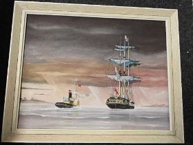 2 FRAMED PAINTINGS OF TALL SHIPS & A FRAMED PRINT OF A TALL SHIP