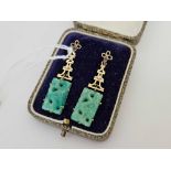 PAIR OF BOXED CHINESE 14ct & GREEN STONE EARRINGS